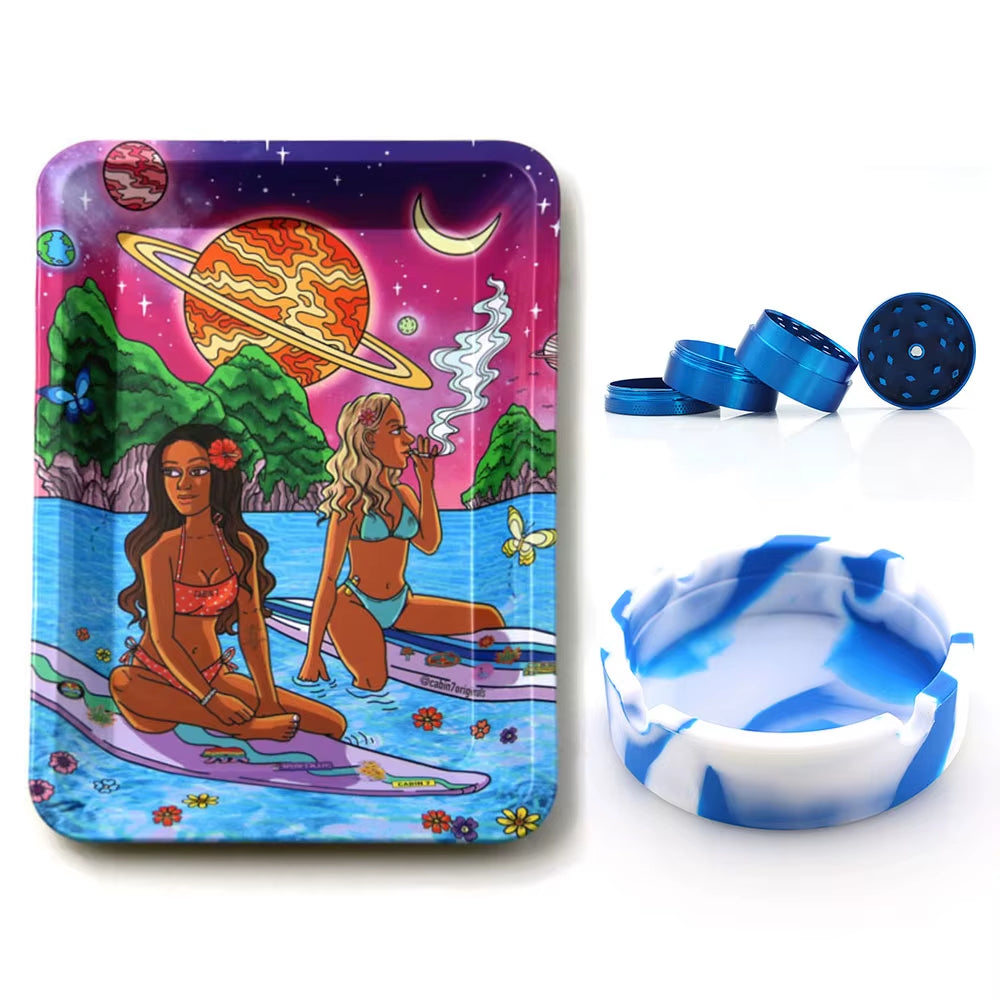 40Mm Metallmühle 18X12,5Cm Rauch Kräuter Tabak Rolltablett Silikon Aschenbecher Aschenbecher Raucherzubehör