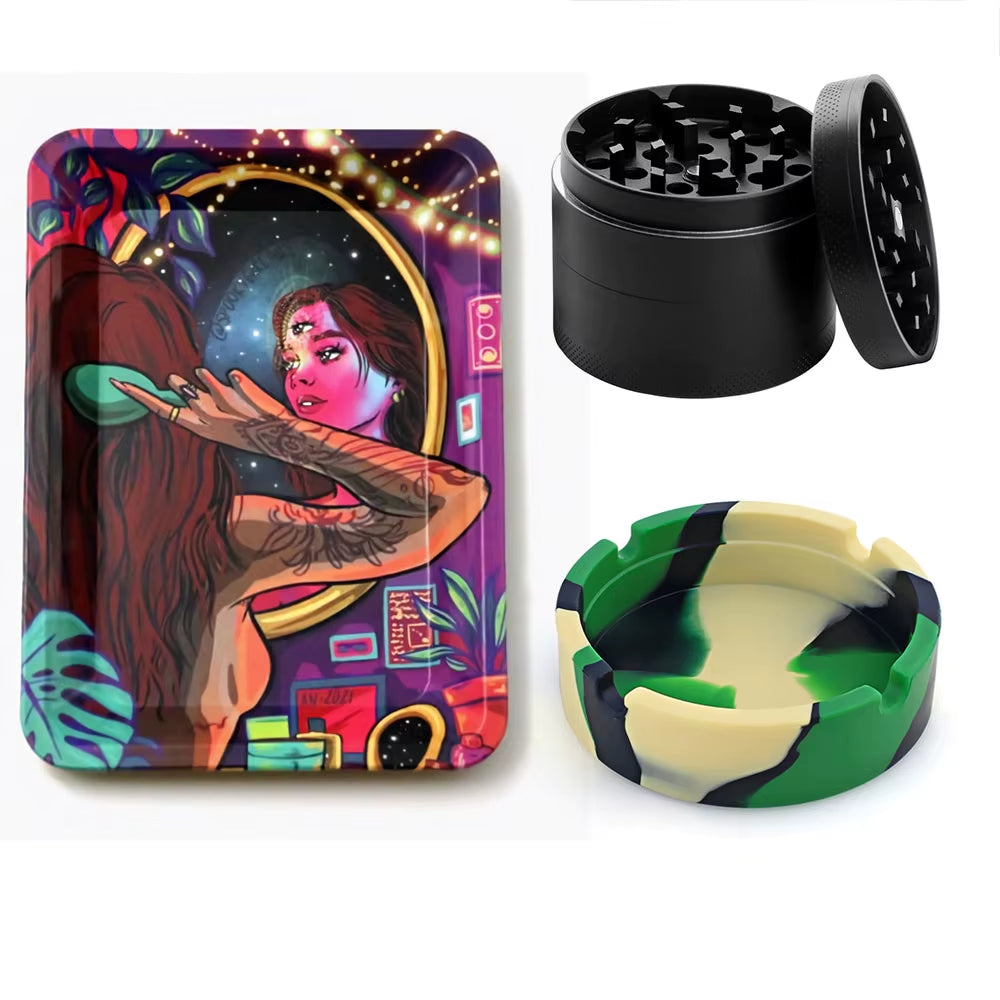 40Mm Metallmühle 18X12,5Cm Rauch Kräuter Tabak Rolltablett Silikon Aschenbecher Aschenbecher Raucherzubehör