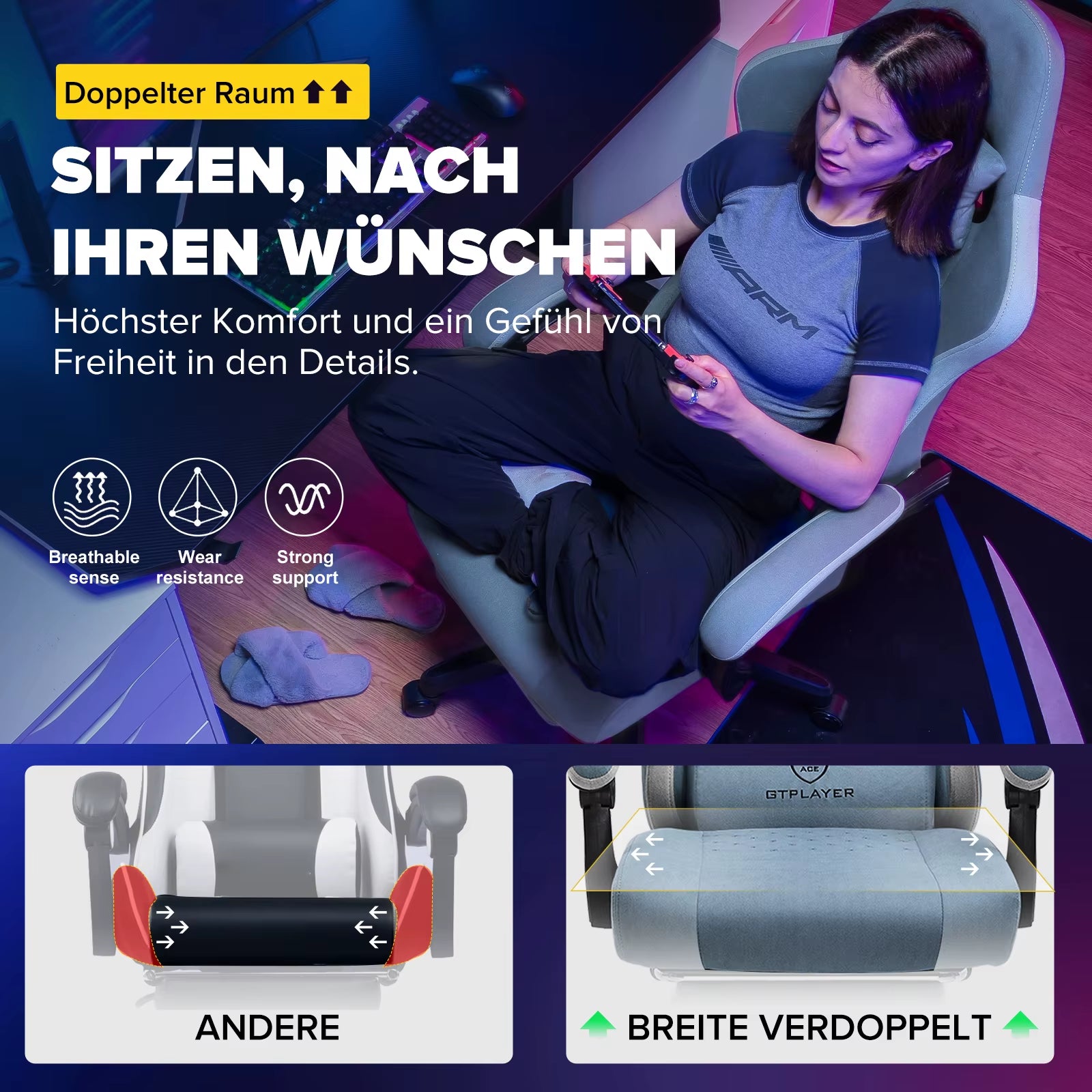 GTPLAYER Gaming Chair Ergonomischer Gaming Sessel Schreibtischstuhl Mit Stoffoberfläche, Federsitzkissen, Verbindungsarmlehnen