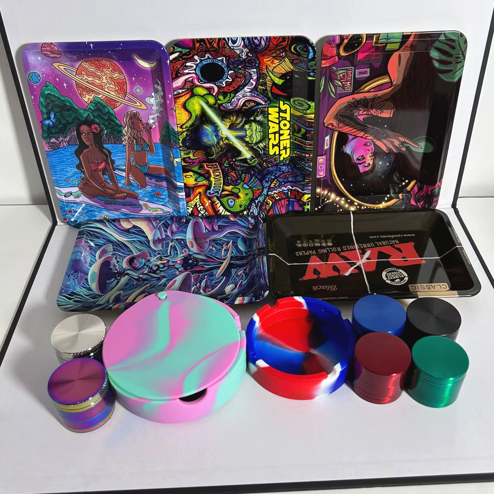 40Mm Metallmühle 18X12,5Cm Rauch Kräuter Tabak Rolltablett Silikon Aschenbecher Aschenbecher Raucherzubehör