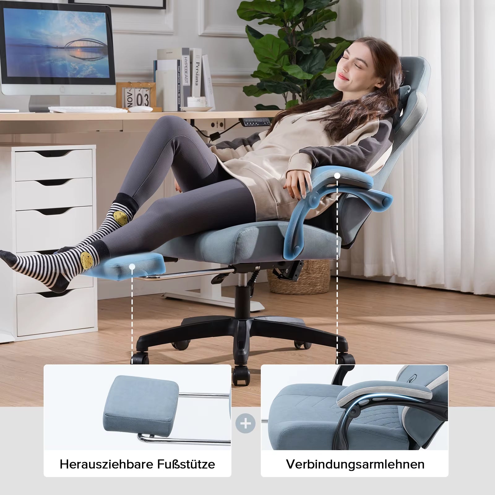 GTPLAYER Gaming Chair Ergonomischer Gaming Sessel Schreibtischstuhl Mit Stoffoberfläche, Federsitzkissen, Verbindungsarmlehnen